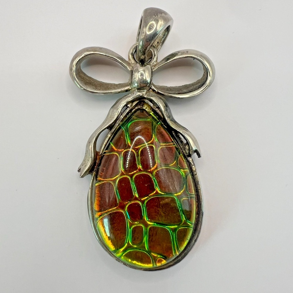 Vintage Artisan Dichroic Glass Pendant Snakeskin Pattern Iridescent Bow Artisian